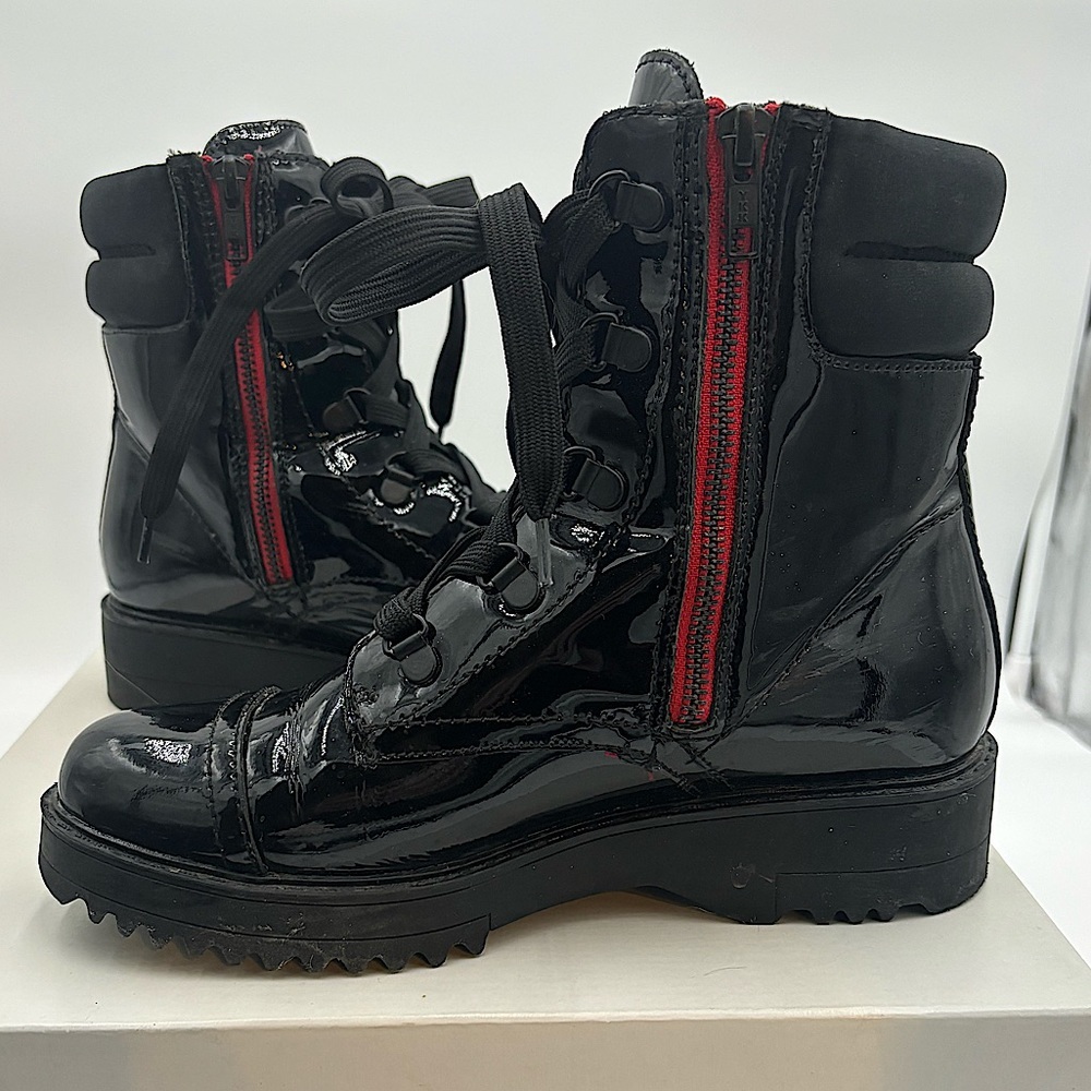 COUGAR Gwen-PL BLACK Patent Waterproof Zip Up Boots, Moto / Combat Style